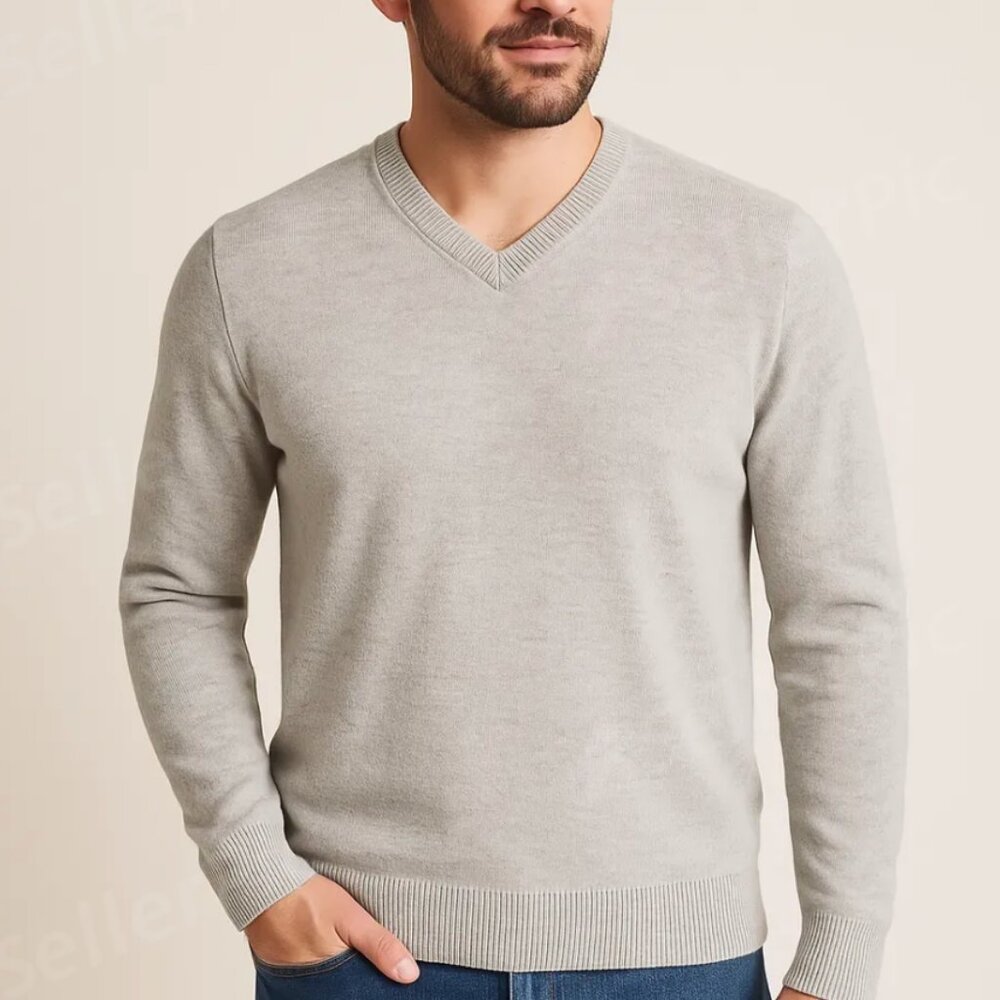 Lands' End Heather Gray V-Neck Cashmere Blend Sweater - Size L (42-44)